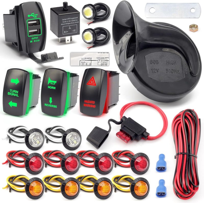 Dusledel Universal ATV UTV SXS Turn Signal Street Legal Blinker Kit with 110DB Horn Reverse Hazard Light Rocker Switch USB Flasher Relay Compatible with Polaris RZR Ranger Xp Turbo Can-Am Kawasaki Golf Cart - Image 1
